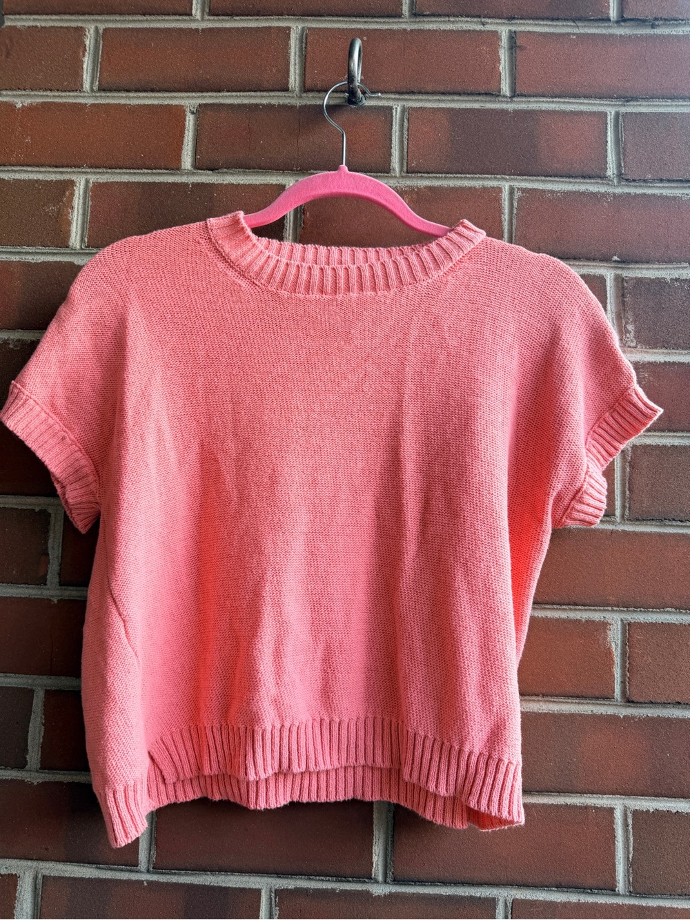 Short-Sleeve Crewneck Sweater in Coral Pink